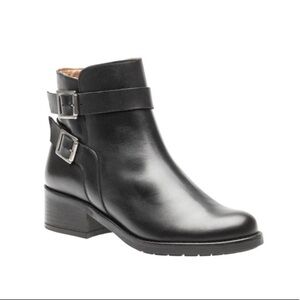 - NWOB Tara M. Karina Black Leather Bootie Stacked Heel Double Buckle
